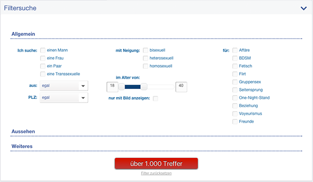 So sieht die Filtersuchfunktion auf Date4Sex.com aus